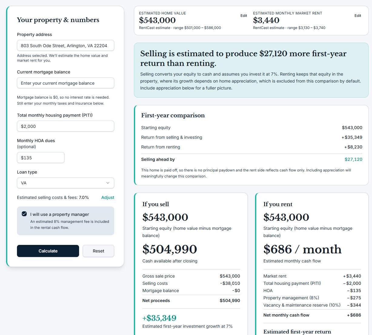Screenshot of the PCSNumbers sell-or-rent calculator showing estimated home value, market rent, first-year comparison, and net proceeds versus rental cash flow