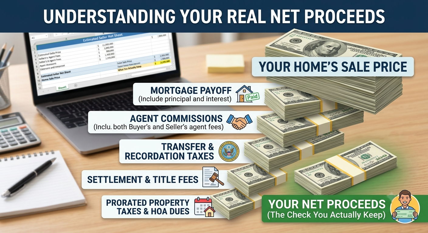 Infographic showing how mortgage payoff, agent commissions, transfer taxes, settlement fees, and prorated taxes reduce a home's sale price into net proceeds