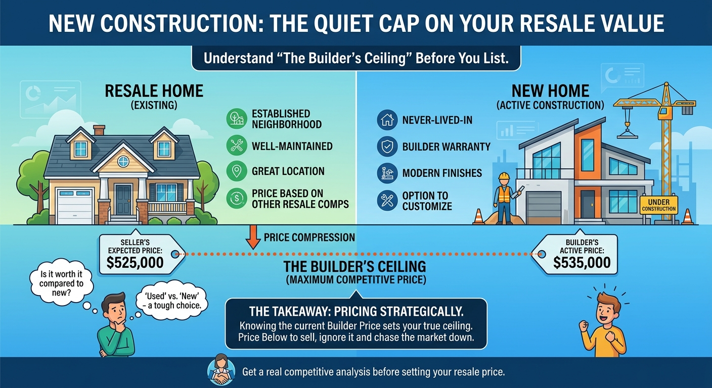 Infographic comparing a resale home to an active new-construction home, showing how the builder's active price sets a ceiling on resale value