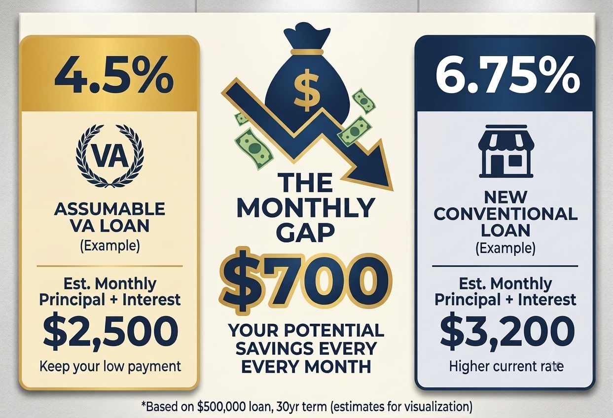 Assumable VA loan at 4.5% versus new conventional loan at 6.75% — roughly $700 monthly savings on a $500,000 loan.