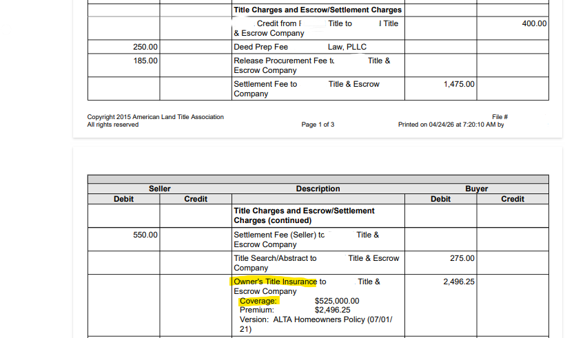 Annotated ALTA settlement statement highlighting Owner's Title Insurance and coverage line items