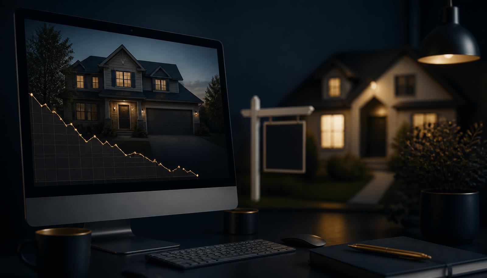A computer screen showing a home listing beside a declining gold trend line, with a for-sale sign in front of a house at dusk in the background