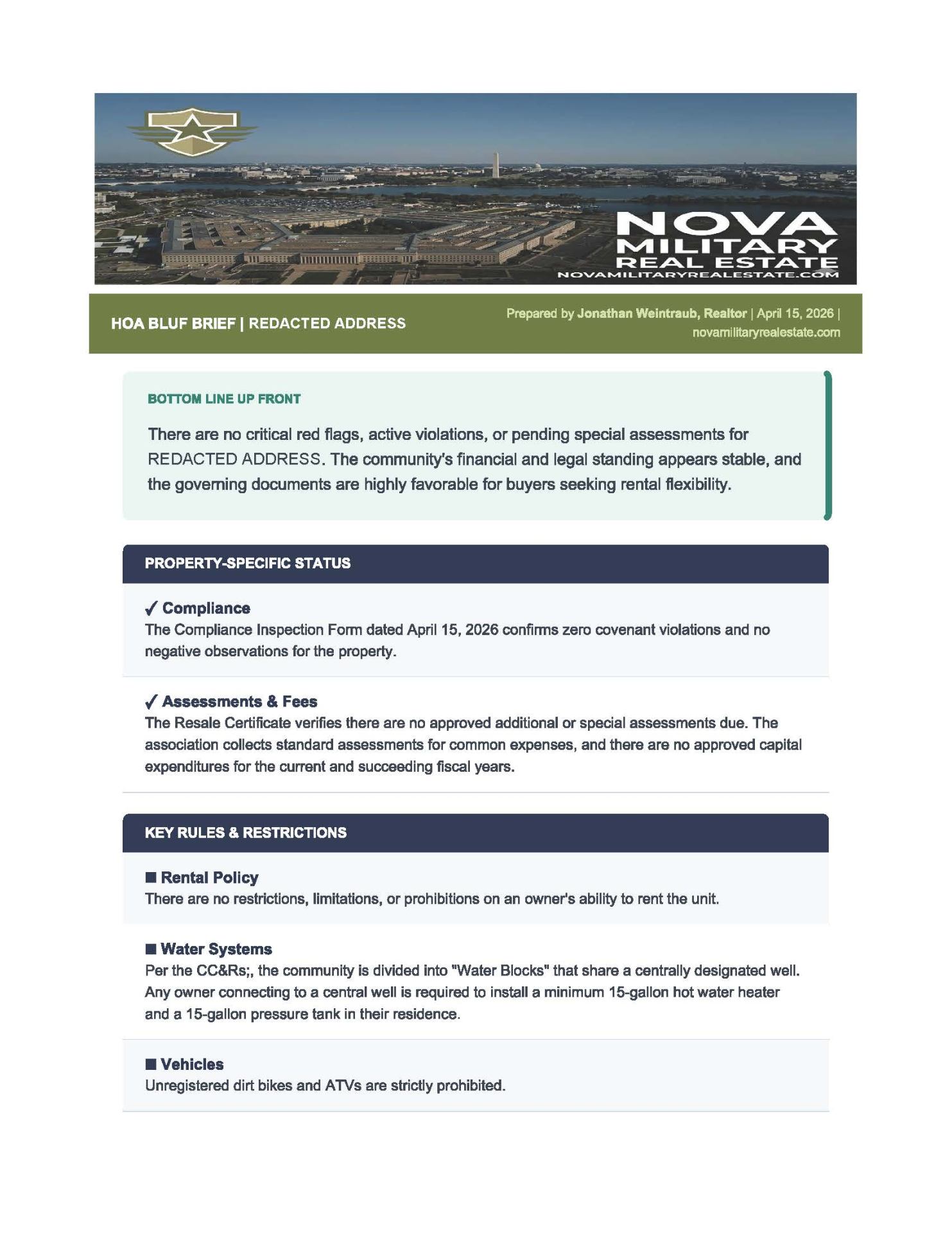 HOA BLUF Brief page 1 — bottom line up front, property compliance, assessments, and key rules including rental policy