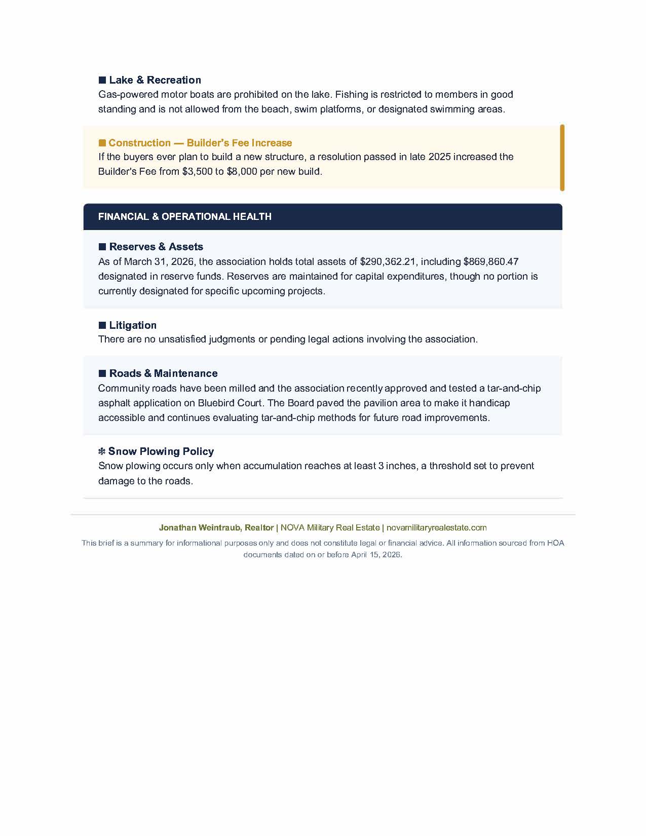 HOA BLUF Brief page 2 — lake and recreation rules, builder's fee increase, reserves, litigation, roads, and snow plowing policy