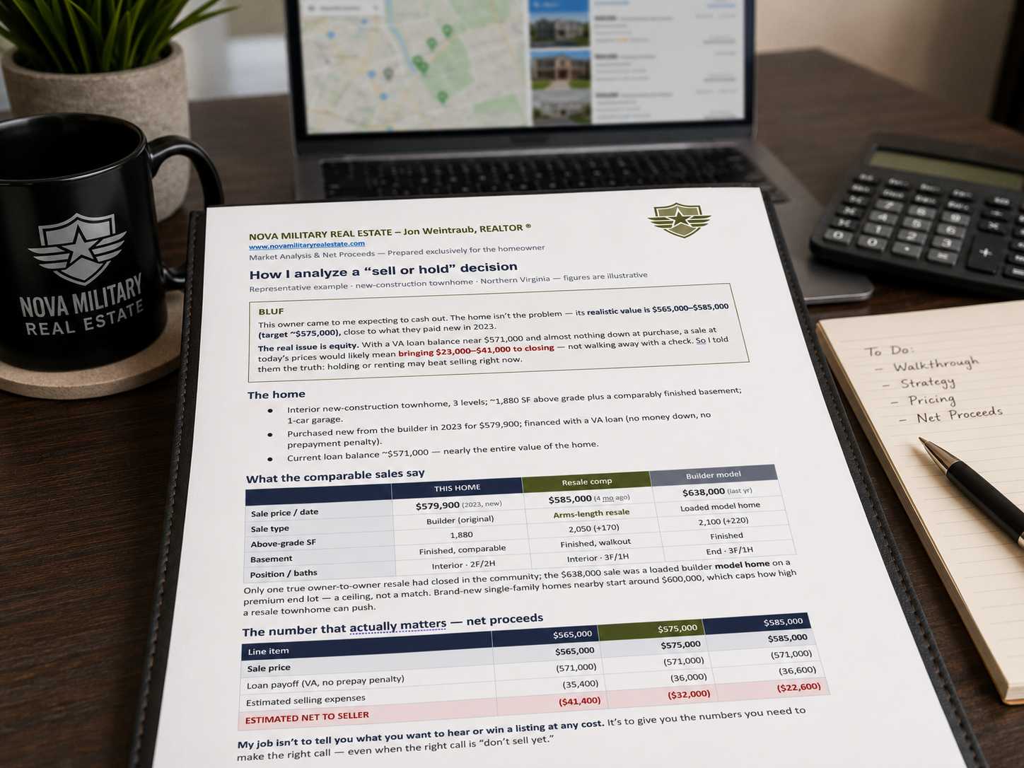 Printed NOVA Military Real Estate market analysis showing comparable sales and net proceeds on a desk with a laptop and calculator