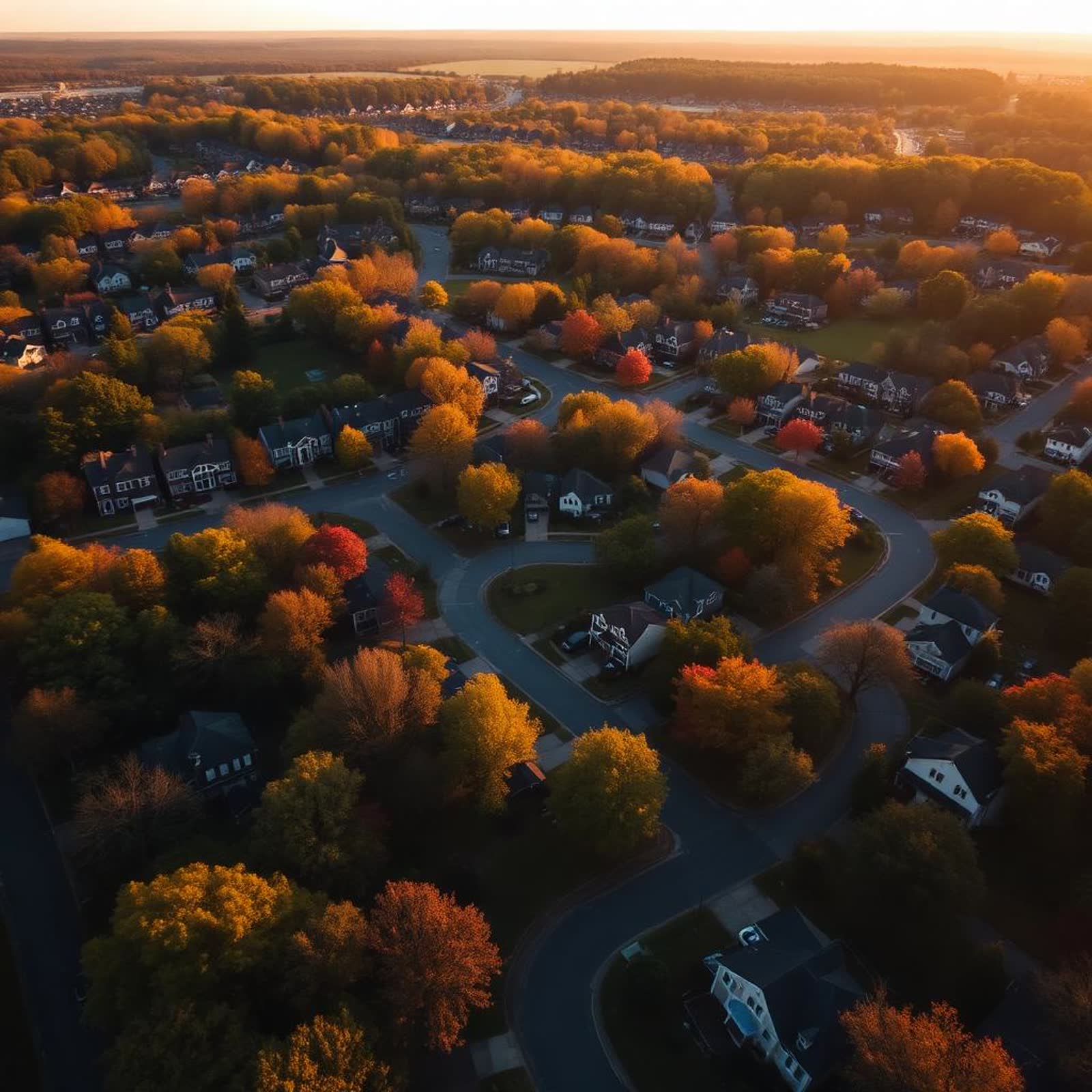 Aerial view of a Northern Virginia neighborhood at golden hour